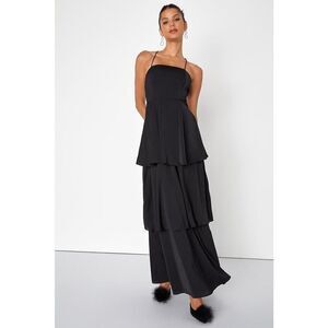 NEW! Lulu's Enchantingly Lovely Black Tiered Lace-Up back Maxi Dress Size XS